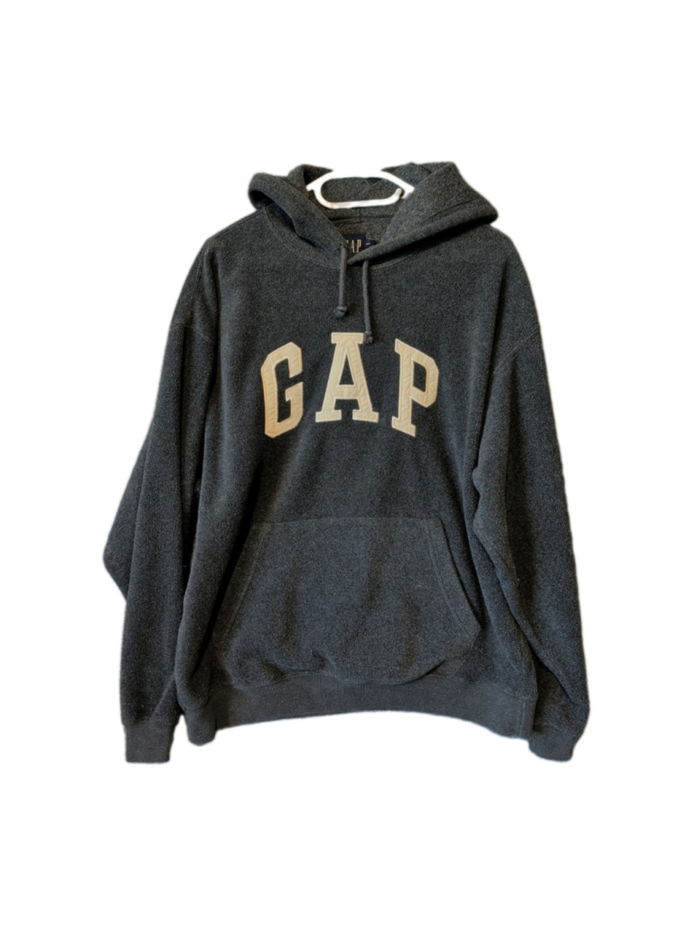 Gap Hoodie Men Medium Gray Fleece Pullover Y2K Sweatshirt Spellout Grunge Warm